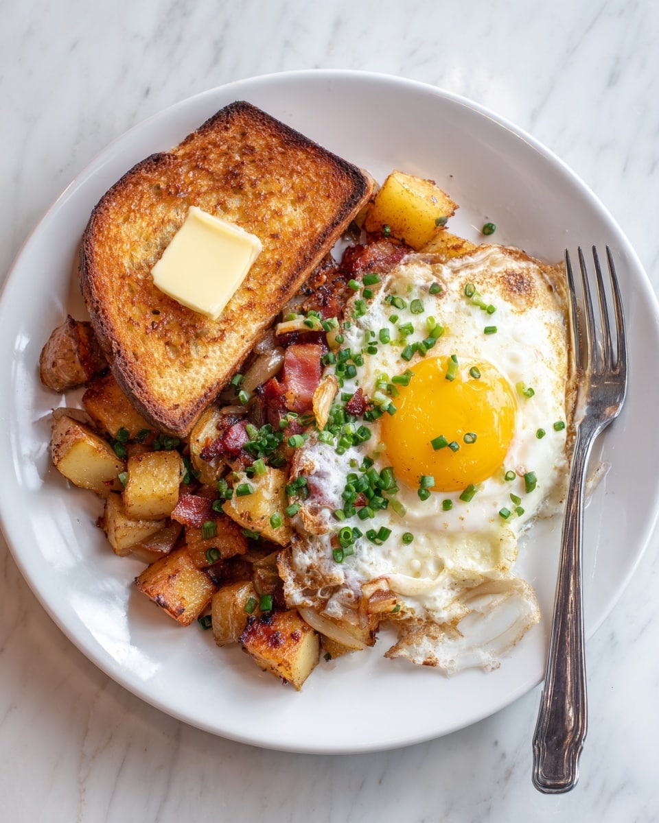 The dish shows a white plate with three main parts: on the left, there is a slice of toasted bread with a square dollop of butter; in the middle, there is a mix of chopped browned potatoes, grilled onions, and small pieces of red smoked meat sprinkled with chopped green onions; on the right, there is a fried egg with a runny bright yellow yolk spreading slightly onto the plate, also topped with some green onions. A silver fork rests on the plate’s right edge. The plate is set on a white marbled surface photo taken with an iphone --ar 4:5 --v 7