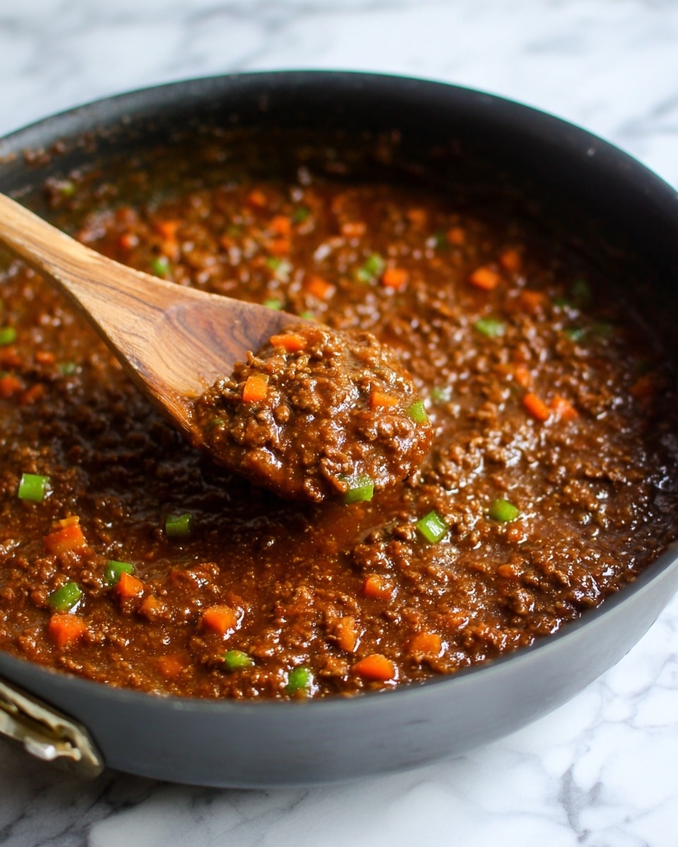 The image shows a dark pan filled with thick, brown minced meat sauce mixed with small diced orange carrots and green celery pieces. A wooden spoon is partly submerged in the sauce, lifting some of the mixture, which has a rich and moist texture. The sauce looks hearty and chunky, with visible bits of vegetables spread evenly throughout. The background is a white marbled texture. photo taken with an iphone --ar 4:5 --v 7