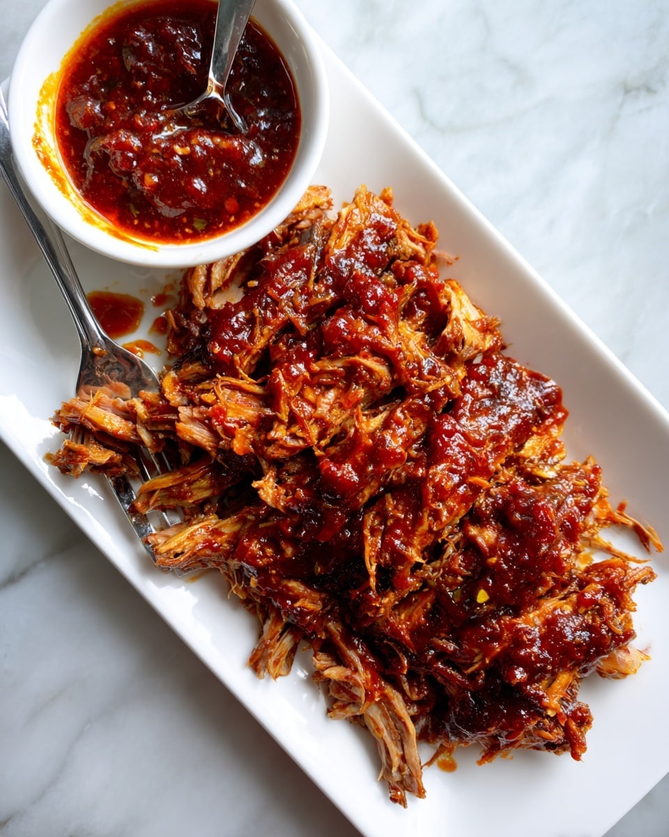 The image shows a white rectangular plate filled with dark brown shredded meat covered in a thick, glossy barbecue sauce. The meat looks tender with stringy textures and some charred edges. A silver fork is partially stuck into the meat on the left side, with some sauce on its prongs. Near the top left corner of the plate, there is a small white bowl filled with more dark barbecue sauce and a spoon inside it. The plate rests on a white marbled surface. photo taken with an iphone --ar 4:5 --v 7