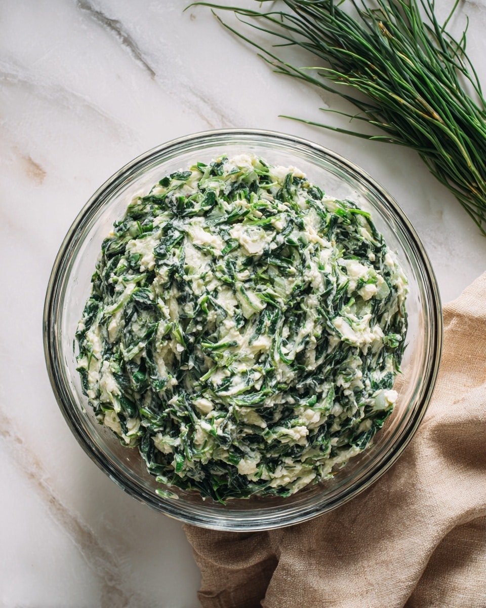 A clear glass bowl sits on a white marbled surface, filled with a mixture of small, bright green leafy pieces and small white curds. The texture shows the leafy greens are finely chopped and mixed evenly with the creamy white curds, creating a fresh and slightly chunky appearance. To the upper right corner, a small bunch of green herbs lays on a beige cloth. The scene is clean and bright, focusing on the fresh, simple ingredients. photo taken with an iphone --ar 4:5 --v 7