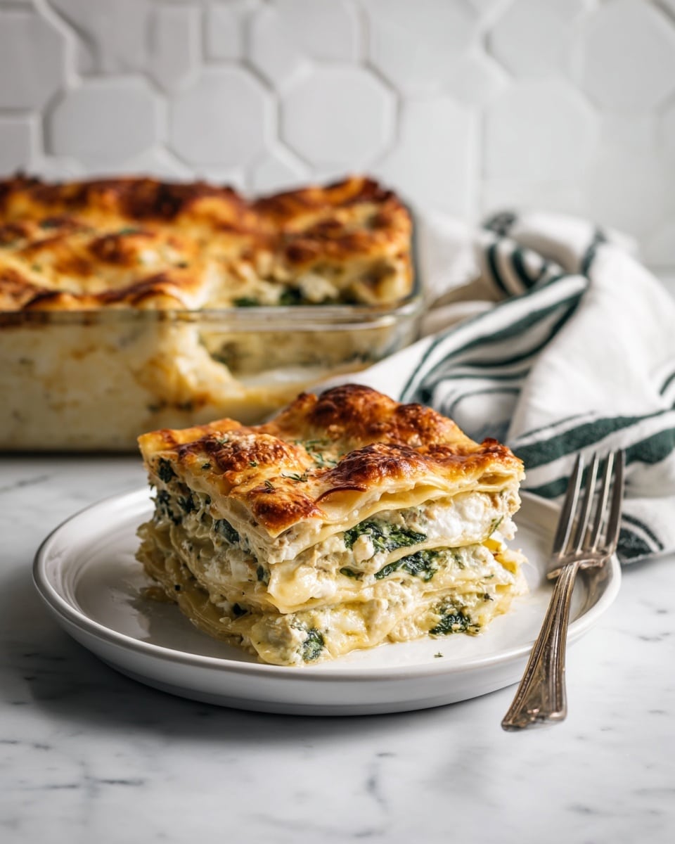 A square glass baking dish holds a layered casserole with four rows and three columns of browned matzo crackers on top, showing a light golden color with some darker browned spots. Underneath the matzo is a green leafy layer, likely spinach, mixed with creamy light yellow layers suggesting cheese or egg mixture. The casserole rests on a white marbled surface with a slightly folded white cloth with dark blue stripes on the left side. Near the dish on the right is a metal spatula with a wooden handle, and sprigs of fresh green dill are placed on the top right corner of the surface. photo taken with an iphone --ar 4:5 --v 7