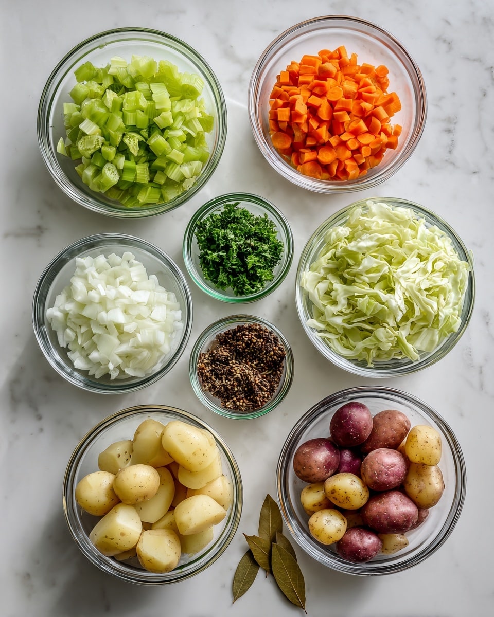 The image shows seven glass bowls and one small container arranged on a white marbled surface, each with different chopped ingredients. Starting from the top left, there is a glass bowl with light green chopped celery. To the right, a white bowl holds bright orange chopped carrots. Next to it, a glass bowl contains pale green chopped cabbage. Below the cabbage, a white bowl is filled with halved small red and yellow potatoes showing their creamy interior. To the left of the potatoes, another glass bowl holds finely chopped white onion. Above the onion, a glass bowl has fresh dark green chopped parsley. Near the center of the image are two small containers: one with dried brown caraway seeds in a clear jar with a green lid, and next to it, a small glass container with two light brown bay leaves. The scene is clean and neatly organized. photo taken with an iphone --ar 4:5 --v 7