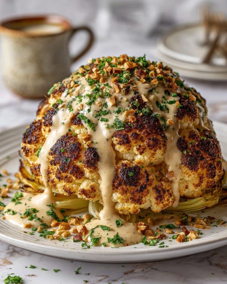 Whole Roasted Cauliflower with Tahini Sauce and Fresh Herb Garnish Recipe