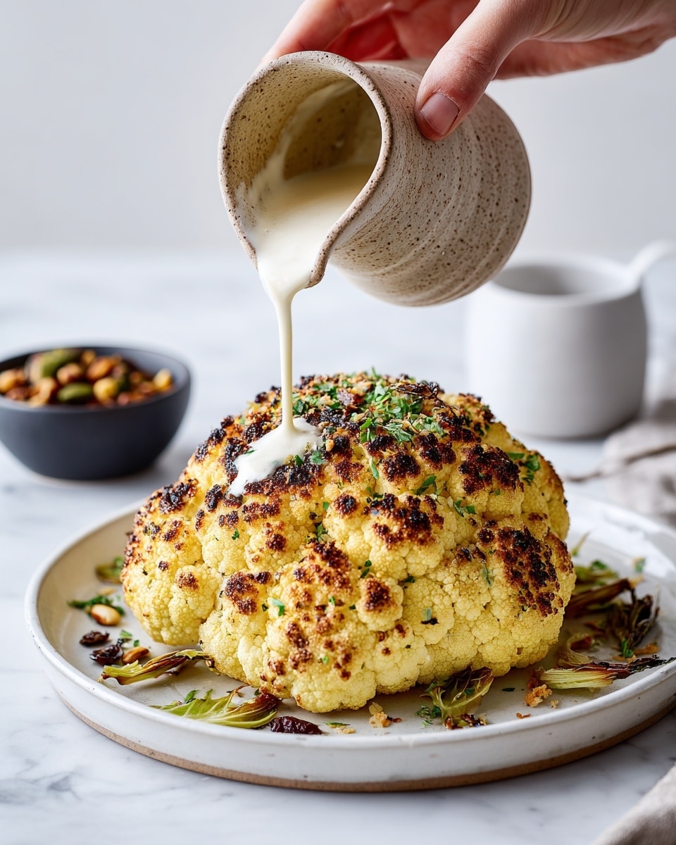 A whole roasted cauliflower sits in the center of a white plate, showing a golden yellow surface with dark brown crispy spots on the top and edges, and some charred green leaves are visible at the base. A woman’s hand is holding a brown speckled small jug above, pouring a thick creamy white sauce onto the top of the cauliflower. The plate rests on a white marbled surface, with a small black bowl filled with mixed nuts and seeds blurred in the background. The scene is bright and clean with soft lighting highlighting the textures. photo taken with an iphone --ar 4:5 --v 7
