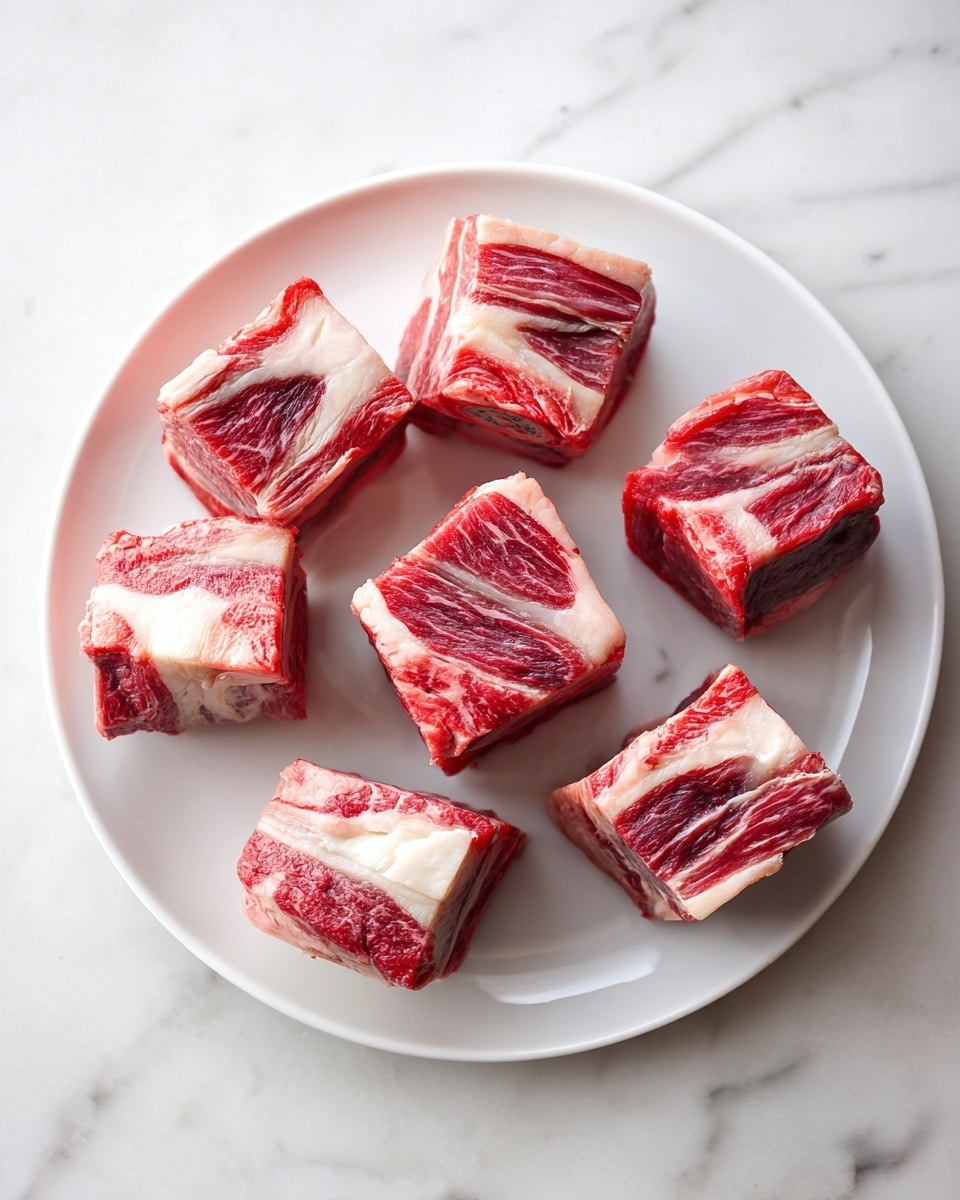 A white round plate with seven pieces of raw beef short ribs arranged in a circular pattern in the center. Each rib has a mix of deep red meat and white fat layers with a marbled texture. The background is a white marbled surface with soft natural light highlighting the meat's texture and fresh look. photo taken with an iphone --ar 4:5 --v 7