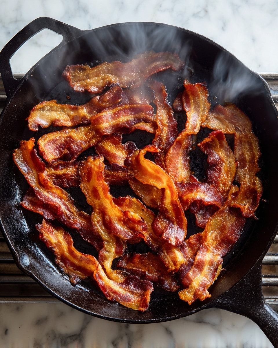 A black cast iron pan filled with many small strips of cooked bacon, showing a mix of light golden brown and darker crispy edges. The bacon strips have different lengths and are spread out, with some curling slightly from the heat. Thin wisps of steam rise from the pan, creating a soft haze above the food and adding to the sense of warmth. The pan is placed on a metal stove top with dark grates visible around its edges. The background surface is a white marbled texture. photo taken with an iphone --ar 4:5 --v 7