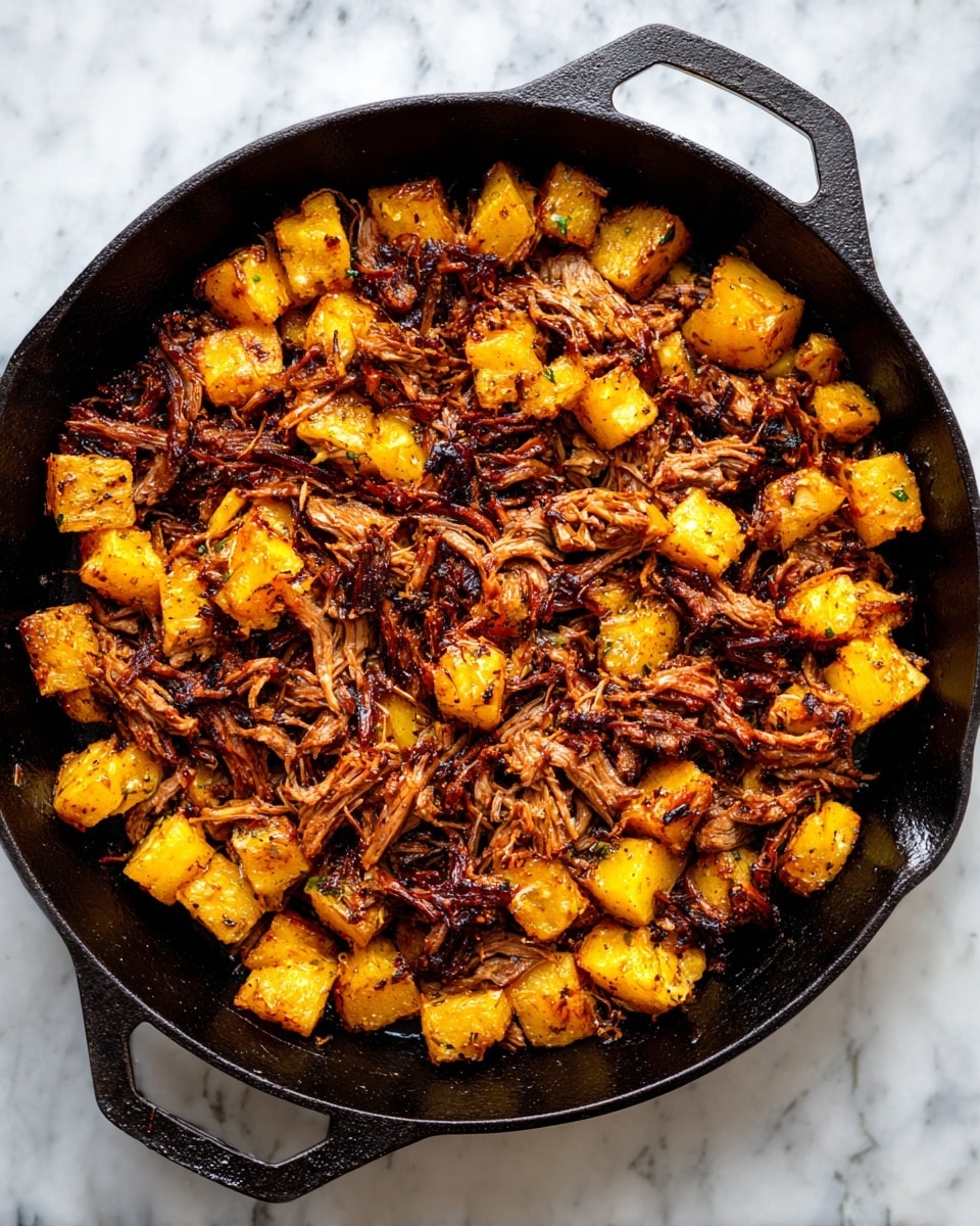 A black cast iron skillet filled with a mix of cooked shredded meat and small golden brown potato cubes. The shredded meat is dark reddish-brown and scattered evenly among the crispy potato pieces. The skillet sits on a white marbled surface, and the textures of the meat and potatoes show a slight caramelized, crispy finish. The whole dish looks warm and rustic, packed closely within the skillet. Photo taken with an iphone --ar 4:5 --v 7