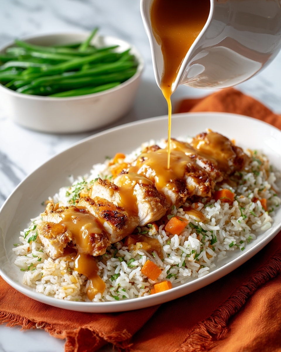 The image shows a white oval plate filled with one main layer of white rice mixed with green herbs, topped with a single layer of orange chicken thighs covered in bright orange sauce with visible chunks of cooked carrots. Next to the plate is a white bowl filled with green beans arranged neatly and sprinkled with white sesame seeds. The dishes sit on a white marbled surface with a bright orange napkin underneath the chicken plate. A large bronze serving spoon rests on the napkin. In the corner of the image, there is a white round plate with two silver forks placed on a white patterned napkin. Photo taken with an iphone --ar 4:5 --v 7