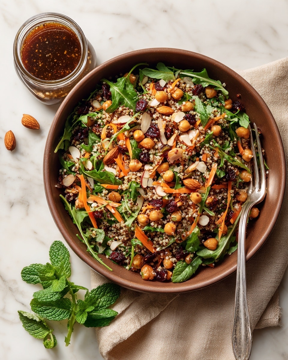 A white bowl filled with a fresh salad showing three main layers: the bottom layer is a mix of bright orange shredded carrots and light tan quinoa grains, the middle layer is green leafy arugula with some dark green mint leaves scattered throughout, and the top layer features chopped brown almonds and white nuts sprinkled all over. A woman's hand with a wooden fork is lifting a portion of the salad from the bowl, capturing the mix of all the colors and textures in the scoop. The bowl sits on a piece of beige fringed cloth on a white marbled surface with some green mint leaves scattered around. photo taken with an iphone --ar 4:5 --v 7