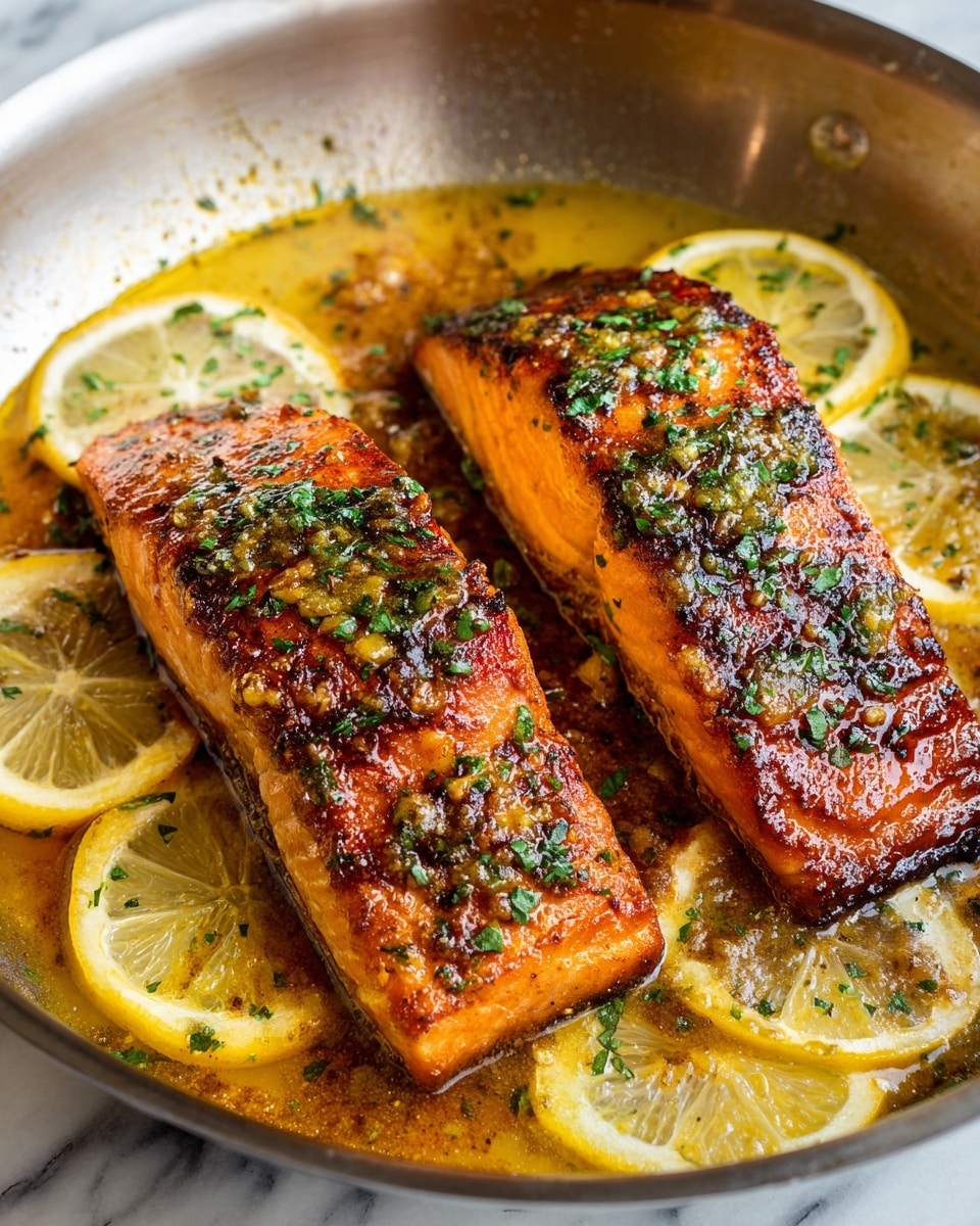 Two thick, golden-brown cooked salmon pieces with a slightly crispy texture and specks of green herbs on top lie close to each other in a silver pan. Underneath and around the salmon are bright yellow lemon slices with juicy, visible pulp. The salmon pieces have charred edges and a shiny glaze that reflects light, showing the moistness. The pan surface has some browned sauce around the fish. The background has a white marbled texture. Photo taken with an iphone --ar 4:5 --v 7