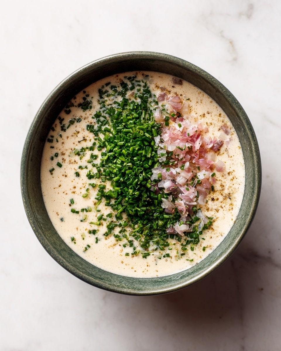 A round, deep green bowl filled with a creamy, light beige sauce sitting on a white marbled surface. Inside the sauce, there are two main layers on top: finely chopped bright green chives on the left side, and small pieces of light pink and white shallots on the right side, both sitting on the smooth and slightly thick sauce. The textures contrast between the creamy base and the crisp vegetable pieces. Photo taken with an iphone --ar 4:5 --v 7
