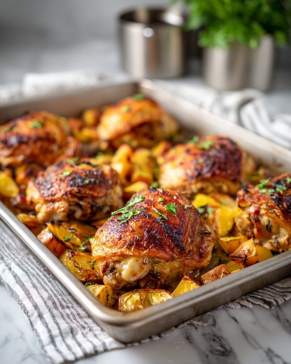 The image shows a metal baking tray filled with golden-brown roasted chicken pieces on top of small, browned potato cubes. The chicken skin is crispy with some charred green herb bits scattered over it. The potatoes beneath are a mix of dark brown and light golden colors, with a roasted texture. The tray sits on a white marbled surface, with a metal bowl and green leafy herbs blurred in the background. A striped cloth is partially visible at the side. Photo taken with an iphone --ar 4:5 --v 7