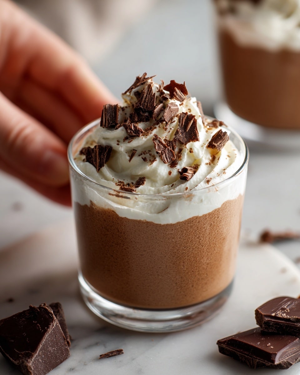 There are six small clear glass cups filled with three layers: a thick dark brown chocolate mousse layer at the bottom, a lighter textured chocolate mousse layer in the middle, topped with a dollop of white whipped cream and sprinkled with dark chocolate shavings. One cup in the front left has a bite taken out showing the creamy texture inside. Around the cups, there are scattered chocolate shavings and three old silver spoons resting on a white marbled surface. The photo taken with an iphone --ar 4:5 --v 7