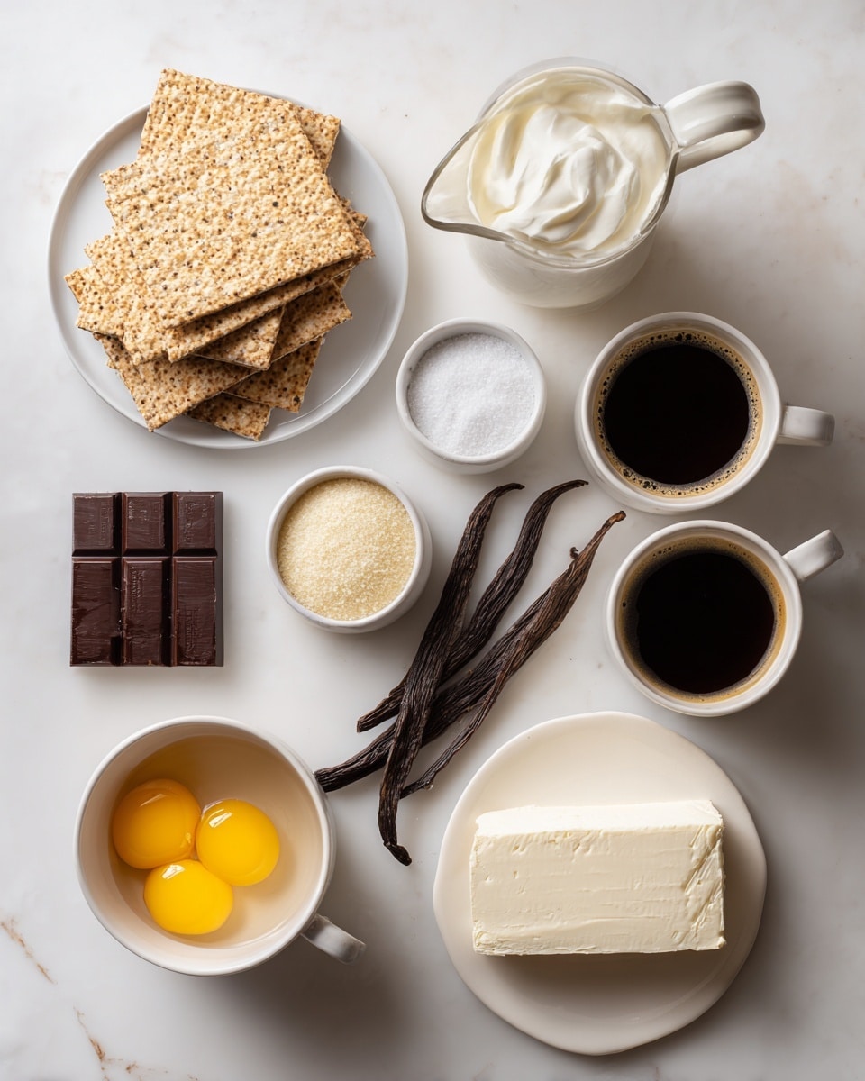 The image shows a top view of ingredients neatly arranged on a white marbled surface, each labeled. There is a stack of five brown, toasted matzo crackers on a white plate positioned in the top left. Nearby on the right, a small glass pitcher filled with white cream and a small glass pitcher filled with dark espresso sit side by side. Below the pitchers is a dark brown vanilla bean and two small dark squares of dark chocolate. A short distance to the bottom left, there is a white mug holding four bright yellow egg yolks. Next to it are two small white bowls, one with granulated white sugar labeled for espresso and one with pale sugar labeled for the cream layer. A small white bowl with salt is placed in the upper middle, and a round white plate at the bottom holds a single thick block of white cream cheese. All items are evenly spaced, and the background is clean and bright. Photo taken with an iphone --ar 4:5 --v 7