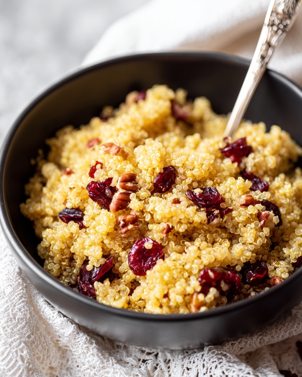 The image shows a close-up of a white bowl filled with a grain salad. The salad has one main layer made of small, round yellow grains that look soft and fluffy. Mixed in the grains are small bits of dark red dried fruit and light brown pieces that add texture. The bowl sits on a white marbled surface, and the grains fill the bowl almost to the top. The photo taken with an iphone --ar 4:5 --v 7