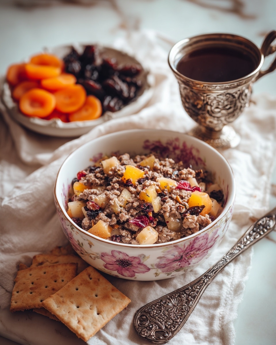 The image shows a metal mixing bowl filled with a coarse, chunky mixture that has a brownish-gray color with small bits of red and beige scattered throughout, giving it a textured look. The bowl is placed on a wooden surface, and a stainless steel grater and a bright orange fruit sit nearby on the side. The mixture appears to be thick and uneven, with small pieces clinging to the sides of the bowl. photo taken with an iphone --ar 4:5 --v 7