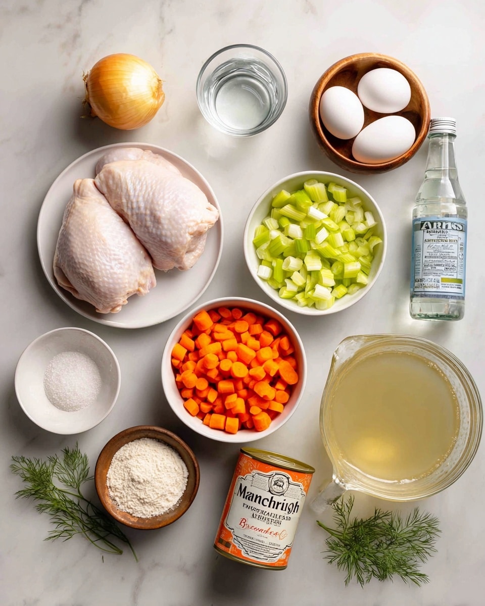 The image shows an organized arrangement of cooking ingredients on a white marbled surface. Starting from the bottom left, there are two pieces of raw chicken on a small white plate. Above that, a small wooden bowl filled with white salt sits next to a glass with a clear liquid. Near the center top left, there is one whole yellow onion and a bulb of garlic. At the top middle, a white bowl contains chopped celery sticks, while at the top right are three white eggs. Below the eggs, another white bowl holds chopped orange carrots. Near the center, a small clear bowl contains a white powder, likely baking powder or flour, and next to that is a bottle of black pepper. Near the bottom right is a glass measuring jug filled with clear light broth, sitting beside an orange can labeled