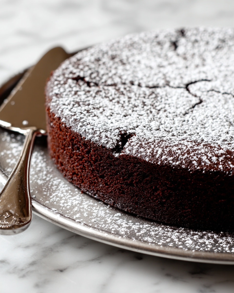 A close-up view of a single-layer dark brown chocolate cake with a cracked top dusted lightly with white powdered sugar. The cake has a dense and moist texture, with a slightly raised edge crust forming a round shape. It is set on a silver metal tray with a cake server resting nearby. The background is a white marbled texture. photo taken with an iphone --ar 4:5 --v 7