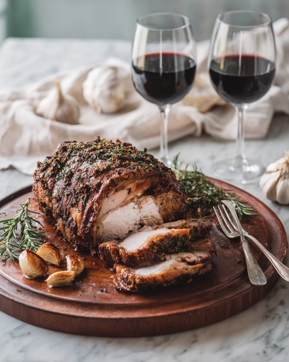 A large piece of roasted meat with a dark brown charred crust is placed in the center of a wooden cutting board. The top of the meat is sprinkled with dried rosemary and black peppercorns, giving it a textured look. Around the meat, there are two roasted garlic bulbs with a golden to dark brown color, showing the cloves inside. Fresh green rosemary sprigs lie next to the meat and garlic. The board sits on a white marbled surface, with some small drops of sauce visible near the meat. A woman's hand can be seen holding a fork at the bottom left corner. Photo taken with an iphone --ar 4:5 --v 7
