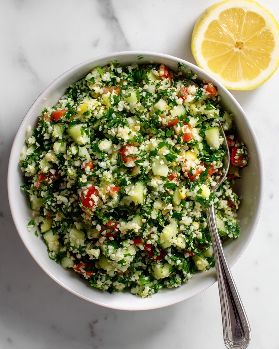 A white bowl filled with finely chopped tabbouleh salad showing three main layers of ingredients. The base layer is small pale green pieces of cucumber, the middle layer shows finely chopped dark green parsley and mint leaves, and the top layer has small red tomato pieces mixed evenly throughout. The textures are crumbly and grainy, with tiny white bits of bulgur wheat scattered across the salad. A metal spoon rests partially inside the bowl on the right side. The bowl sits on a white marbled surface with a blurred green herb in the background. Photo taken with an iphone --ar 4:5 --v 7