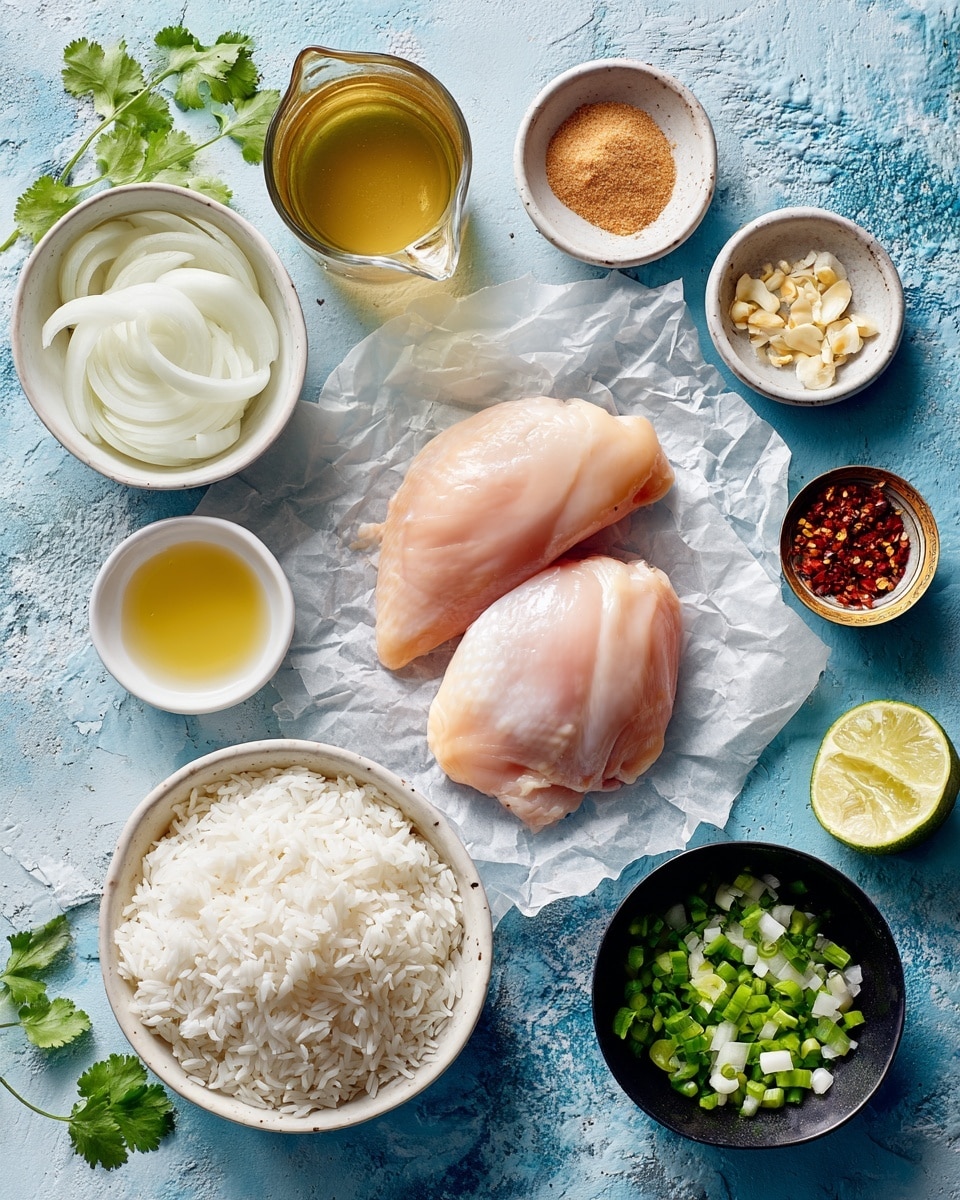 The image shows three raw chicken pieces placed on crinkled white paper in the center. Around them are small bowls of different ingredients arranged neatly on a blue surface with a white marbled texture: sliced white onions in a white bowl at the left center, cooked white rice in a white bowl at the right bottom, chopped green onions in a black bowl on the right, light brown sugar in a small white bowl at the top right, red chili flakes in a small gold bowl next to it, minced garlic in a tiny white bowl above the chicken, a small white bowl of pale yellow liquid near the top center, lime zest in a black bowl near the top left, salt in a small white bowl below the lime zest, a small bowl of light yellow liquid near the bottom left, fresh green cilantro sprigs to the far left, and a larger white measuring cup filled with coconut milk below the onions. Photo taken with an iphone --ar 4:5 --v 7