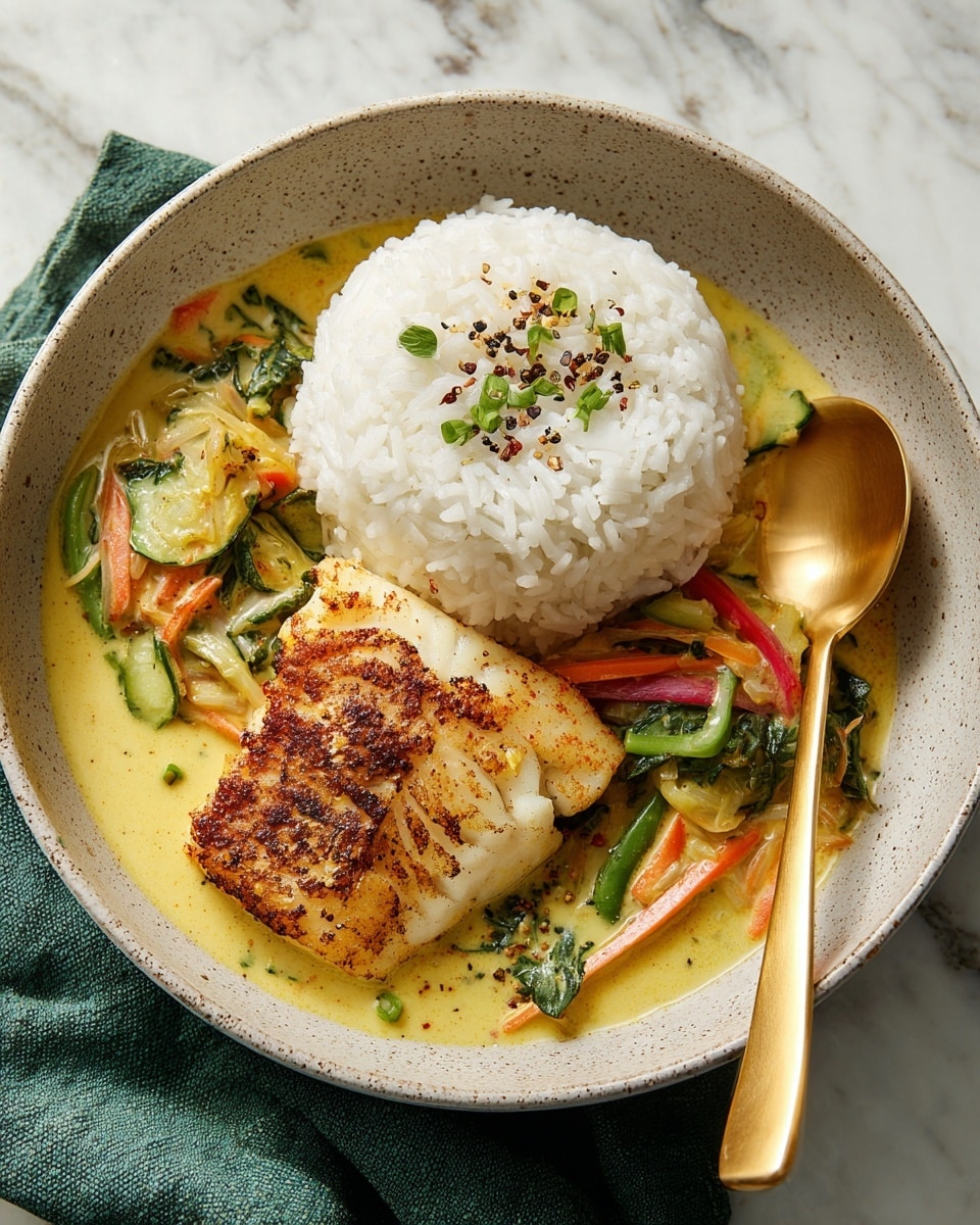 A bowl with three main parts: a mound of white rice topped with small green herbs and black pepper on the right, a piece of browned and seasoned fish with a crispy texture on the left, and a creamy yellow curry sauce with strips of red, green, and pale yellow vegetables underneath and around the fish and rice. The bowl is speckled light gray and placed on a white marbled surface with a green cloth underneath. A shiny gold spoon is inside the bowl on the right side near the rice. Photo taken with an iphone --ar 4:5 --v 7