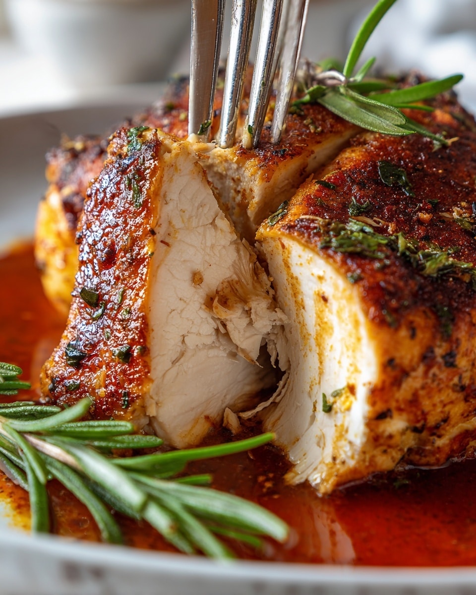 A close-up of a roasted chicken piece showing a thick layer of white cooked meat inside and a dark golden brown crispy outer skin with green herb specks. A fork is pulling apart a chunk of the chicken, showing fibers of meat and textured skin. The chicken is resting on a pool of red-brown sauce with fresh green rosemary sprigs. The image has a white marbled texture surface background. Photo taken with an iphone --ar 4:5 --v 7