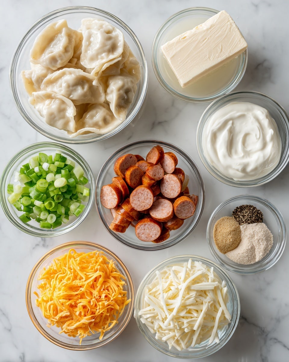 The image shows nine small clear glass bowls arranged on a white marbled surface, each holding a different ingredient. Starting from the top left, there is a bowl filled with frozen pierogies that are off-white with slightly browned edges. To its right is a block of cream cheese wrapped in plastic film, creamy white in color. Next to that is a clear bowl of light golden chicken broth. Below the pierogies, a bowl holds sliced kielbasa sausage with reddish-pink centers and darker outer edges. Next is a small bowl with chopped green onions, showing bright green rings. Below the cream cheese is a small bowl with a mix of light beige garlic powder and onion powder. To its right is a bowl filled with thick white sour cream. Below the kielbasa sausage, one bowl contains white shredded mozzarella cheese, and next to it is a tiny bowl with a black and white mix of salt and pepper. The last bowl, below the sour cream, is filled with bright orange shredded cheddar cheese. The setup is clean and bright, photo taken with an iphone --ar 4:5 --v 7