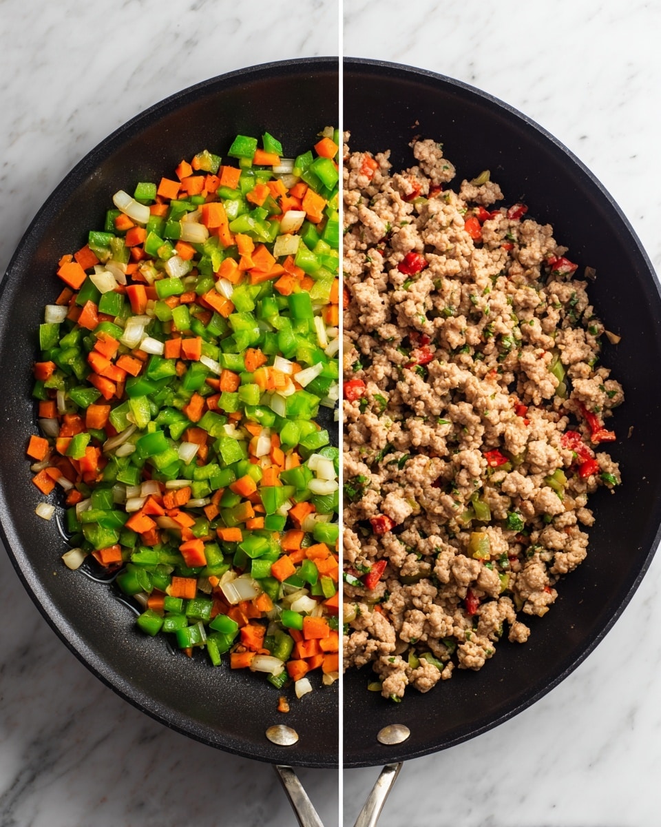 The image shows two side-by-side views of a black skillet on a stove with a white marbled background. On the left side, there is a single layer of small diced vegetables evenly spread, including bright green peppers, orange carrots, and white onions, creating a colorful mix of cubes. The right side shows a thicker layer of cooked ground meat mixed with the same diced vegetables, where the meat is light brown and crumbly, blending with the vibrant reds, greens, and whites of the cooked vegetables. The skillet has a smooth, slightly shiny black texture with the ingredients filling most of its surface. photo taken with an iphone --ar 4:5 --v 7