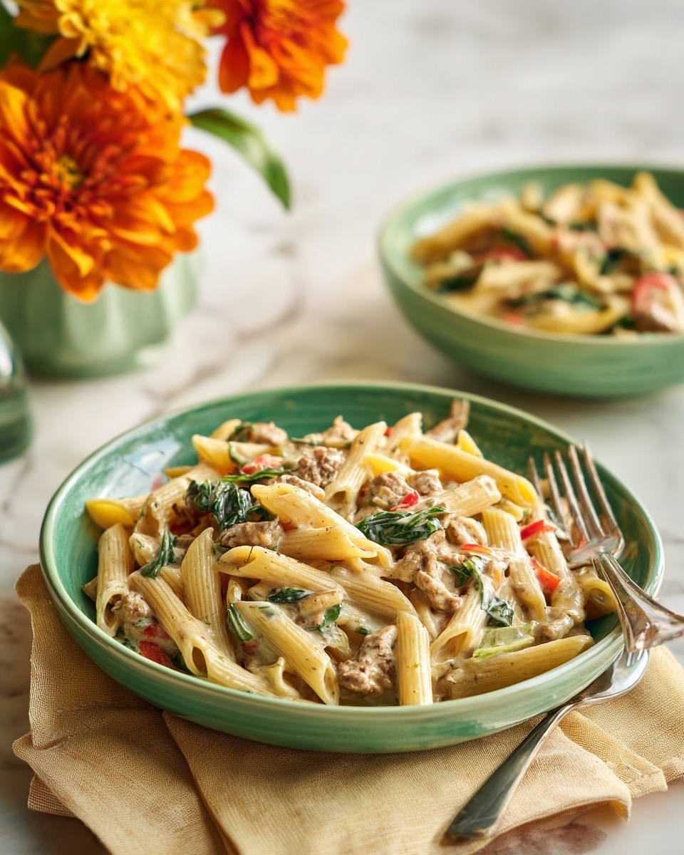 A large blue pan filled with a pasta dish made of small, tube-shaped pasta mixed with pieces of light brown meat and sautéed red and green bell peppers, all coated in a light sauce that gives a slight shine. The pasta is fully mixed with the meat and peppers, filling the pan evenly. The pan is set on a wooden surface alongside a folded yellow cloth, a small white spoon rest with black decorative writing saying