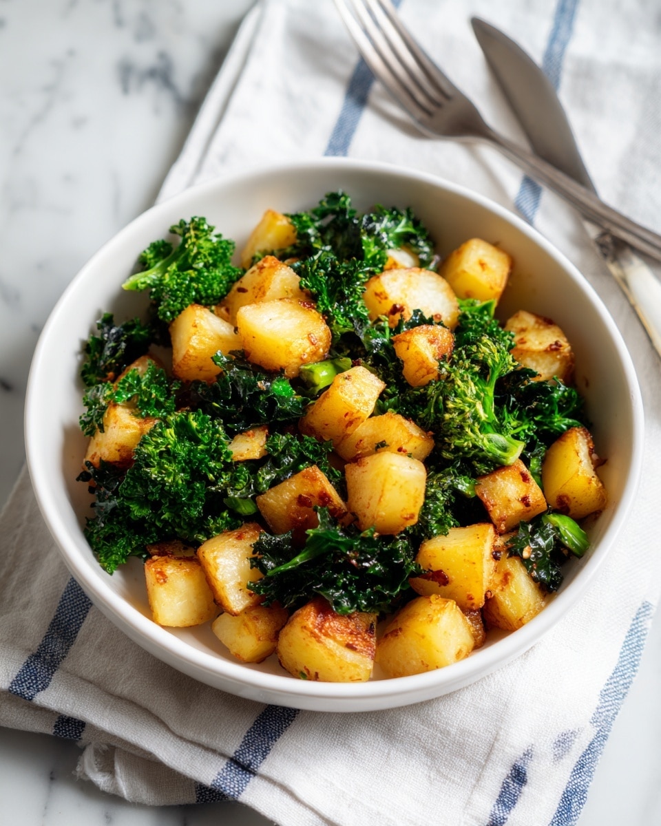 The image shows a white bowl filled with two main layers: the first layer has golden brown cubed potatoes with a crispy texture, and the second layer consists of wilted green kale leaves mixed evenly throughout the potatoes. The bowl is sitting on a white marbled surface. A silver spoon is partially visible in the bowl, slightly scooping some of the potato and kale mix, creating a sense of depth in the image. The colors are warm and natural, with the golden potatoes contrasting nicely against the deep green kale. Photo taken with an iphone --ar 4:5 --v 7