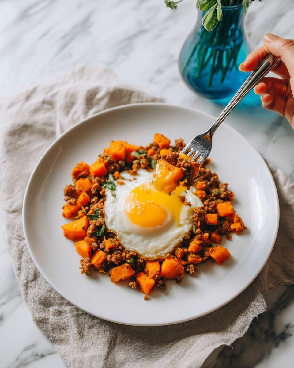 A close-up view of a black frying pan filled with four sunny-side-up eggs evenly spaced in the center. Surrounding the eggs and filling most of the pan are small chunks of browned ground meat and diced orange sweet potatoes. The eggs have bright yellow yolks with smooth white edges blending into the meat and sweet potatoes. The sweet potatoes are spread throughout, showing a soft texture and vibrant orange color, contrasting with the crumbly, brown meat. The black cooking pan has a slight textured surface. photo taken with an iphone --ar 4:5 --v 7