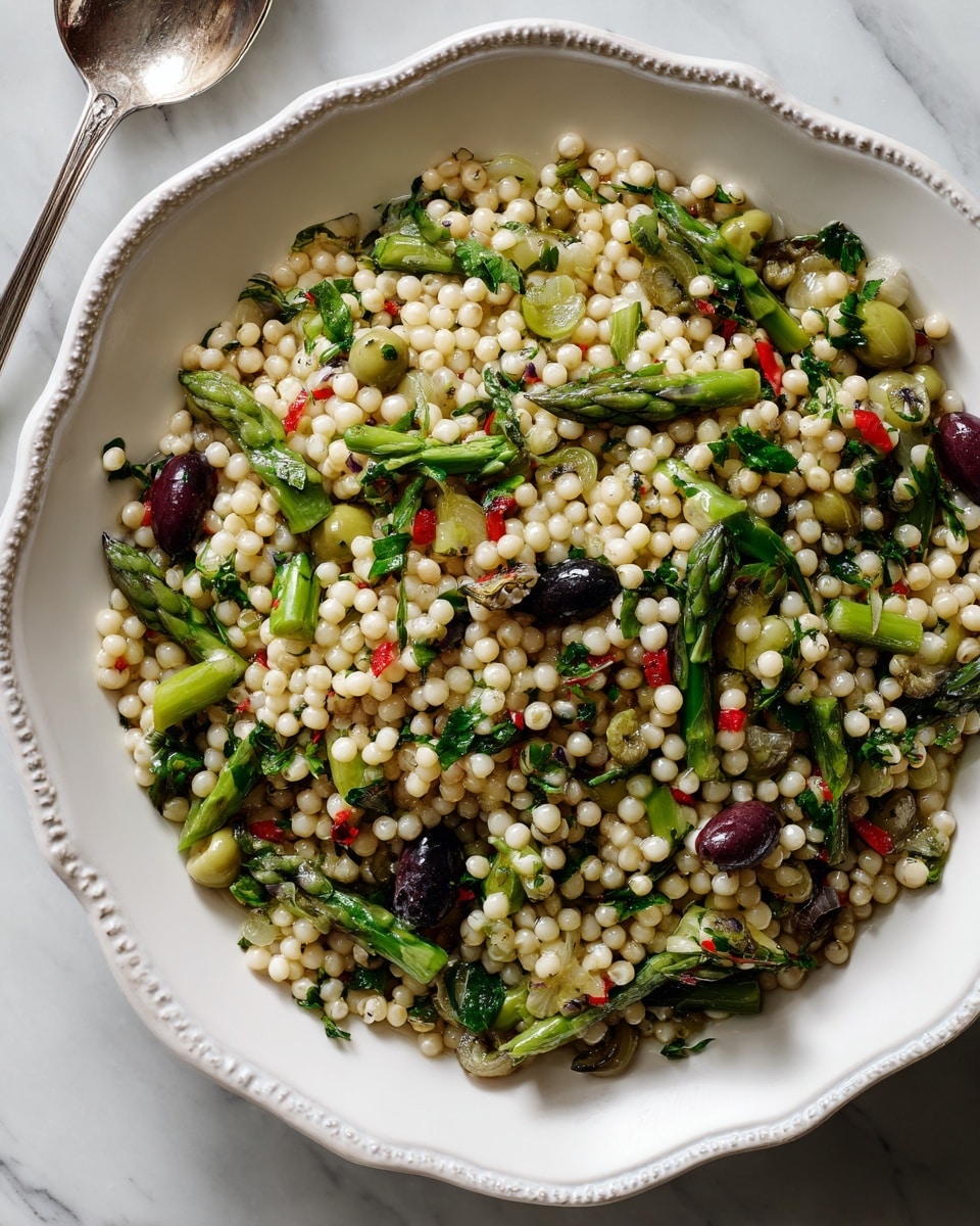 A white ornate plate holds a mixture of small, round, pale yellow couscous pearls spread evenly as the base layer, mixed with small pieces of cooked green asparagus and wilted dark green spinach leaves scattered throughout. There are also small bits of bright red pepper and a few dark purple olives visible, adding color contrast. The texture looks slightly soft and moist with a light sheen, and the dish is placed on a dark green woven mat on a white marbled tabletop. In the background, some silver forks and a white container are out of focus. Photo taken with an iphone --ar 4:5 --v 7
