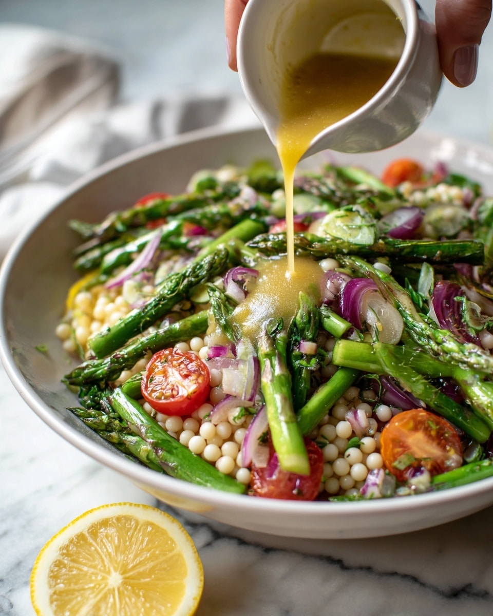 A close-up of a white bowl filled with a colorful salad that has three main layers: small round pale pearls at the base, bright green asparagus tips and stalks mixed evenly throughout, and chopped red cherry tomatoes and finely chopped purple onions sprinkled on top. A woman's hand is holding a small white cup pouring a golden yellow dressing over the salad. A slice of lemon rests near the bowl on a white marbled surface. photo taken with an iphone --ar 4:5 --v 7