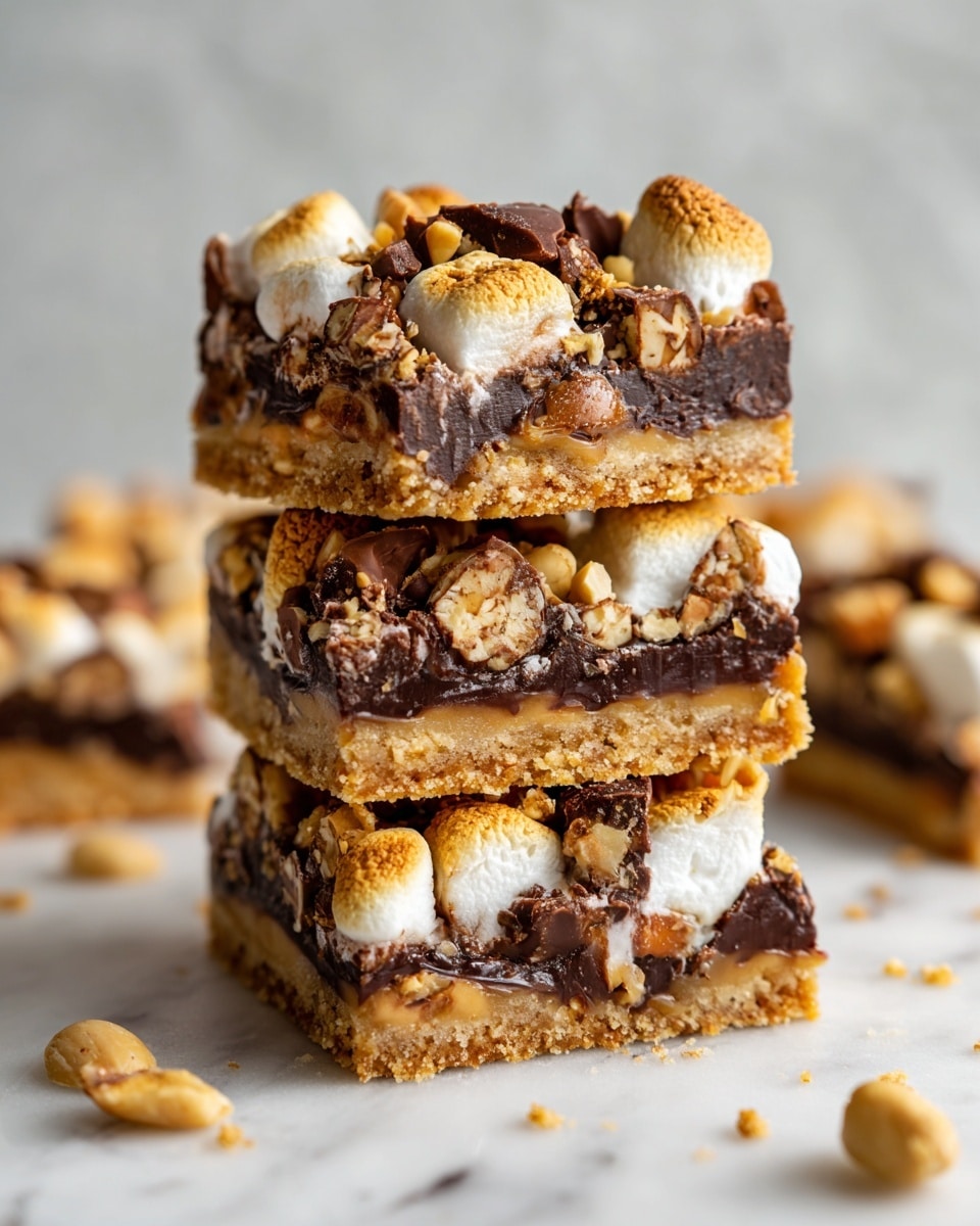 The image shows a stack of four dessert bars on a white marbled surface, each bar having three visible layers. The bottom layer is a golden brown crust with a slightly crumbly texture. The middle layer is filled with melted chocolate bits scattered throughout. The top layer is covered with toasted marshmallows that are lightly browned, mixed with pieces of chopped nuts and extra chocolate chunks, giving a mix of cream, dark brown, and tan colors. A few nuts and crumbs are scattered around the stack on the surface. Photo taken with an iphone --ar 4:5 --v 7
