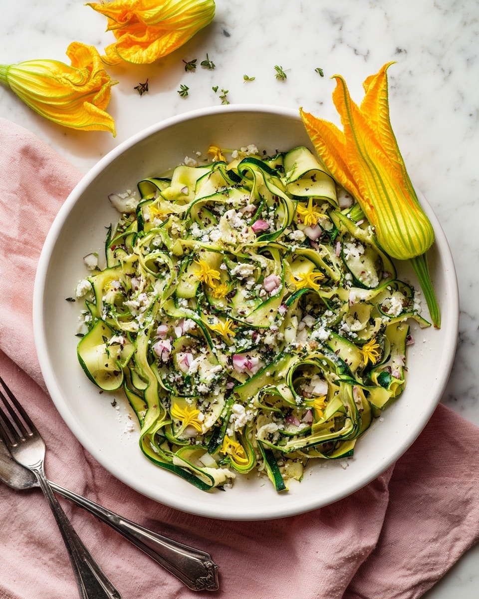 A white bowl filled with thin, long green zucchini ribbons curled and layered over each other, mixed with small bright yellow squash slices. Scattered on top are small white chunks of soft cheese with green herbs, light brown toasted almond slivers, and finely chopped pink shallots. Fresh green herbs are sprinkled throughout the salad, and a single large yellow squash flower rests on one side. The bowl is set on a white marbled surface with a folded soft brown cloth underneath. Near the bowl is a small white dish with toasted almonds. A woman's hand is not visible but the silver fork and knife lay on the cloth next to the bowl. photo taken with an iphone --ar 4:5 --v 7