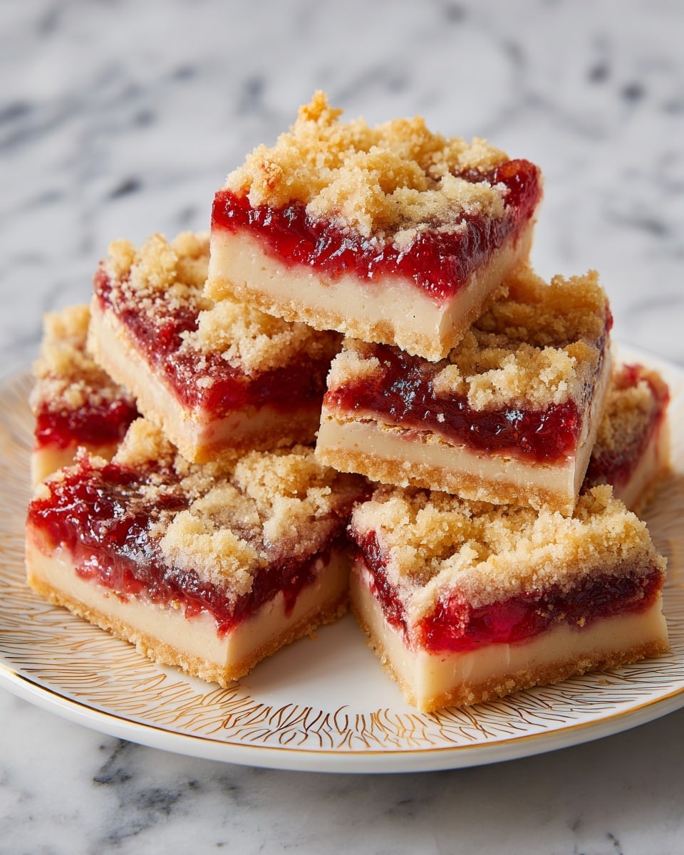 A close-up of a square dessert bar held by a woman's hand with lavender-colored nail polish, showing three layers: a light beige crumbly bottom crust, a bright red fruit filling in the middle, and a chunky golden crumb topping with oat pieces on top. In the background, more of the same bars are stacked loosely on a white marbled surface, with a blurred bowl of raspberries nearby. The photo taken with an iphone --ar 4:5 --v 7