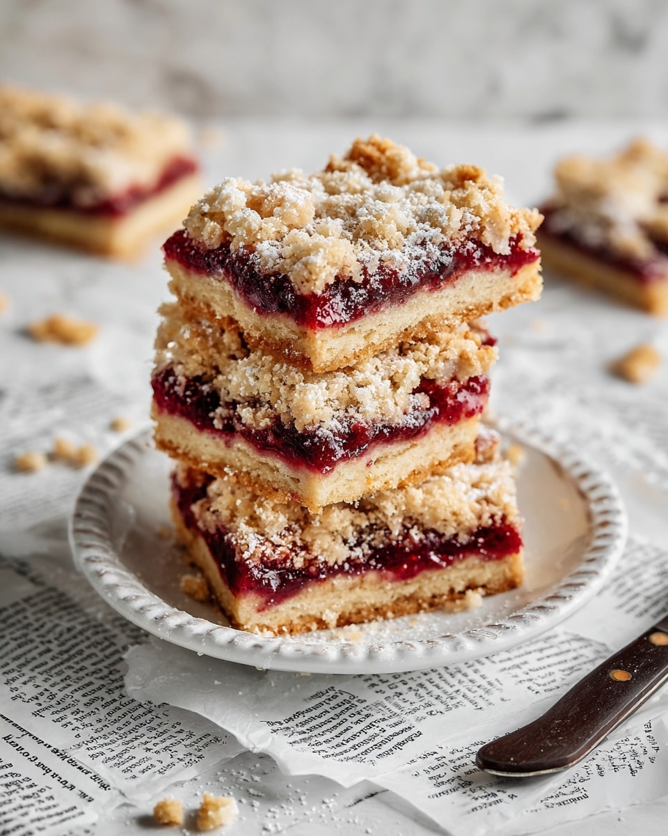 The image shows three square layers of crumb bars stacked on each other on a sheet of paper with text. Each bar has a thick light beige crust layer at the bottom, a dark red jam layer in the middle, and a crumbly light beige topping dusted with white powdered sugar. The bars have a rough texture on top with small crumbs scattered around. The background has a soft, white marbled texture with powdered sugar sprinkled lightly around the bars. Photo taken with an iphone --ar 4:5 --v 7