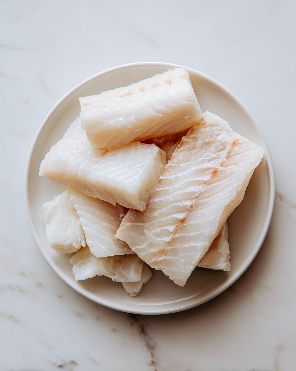 The image shows a white round plate placed on a white marbled surface, holding several pieces of cooked white fish fillets. There are about seven pieces on the plate, with larger fillets stacked on the right side and smaller ones arranged on the left. The fish looks soft and flaky with a pale, creamy white color, some pieces having a slight shine and gentle textures that show the layers of the fish. Photo taken with an iphone --ar 4:5 --v 7