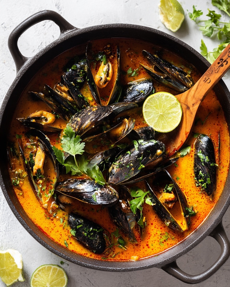The image shows a black cast iron pot filled with bright orange broth, rich and slightly oily on the surface. Inside the broth, large black mussel shells are open, some with a shiny texture, scattered throughout the pot. There are a few green parsley leaves placed on the top as garnish. A wooden spoon with a simple painted design rests inside the pot near the edge, holding a wedge of lime perched on the rim. The pot sits on a white marbled textured surface with some lime wedges and out-of-focus green herbs in the background. Photo taken with an iphone --ar 4:5 --v 7