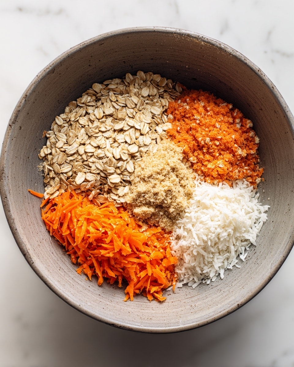 A large gray mixing bowl sits on a white marbled surface, filled with four distinct layers of baking ingredients arranged side by side. The top right section is filled with light brown rolled oats, showing a dry, flaky texture. The bottom right holds bright orange shredded carrots, moist and fibrous. The top left contains a small mound of light brown sugar with a crumbly texture. The bottom left is a pile of white shredded coconut, soft and slightly fluffy. The edges of the bowl show some residue of a wet batter, suggesting mixing will follow. photo taken with an iphone --ar 4:5 --v 7