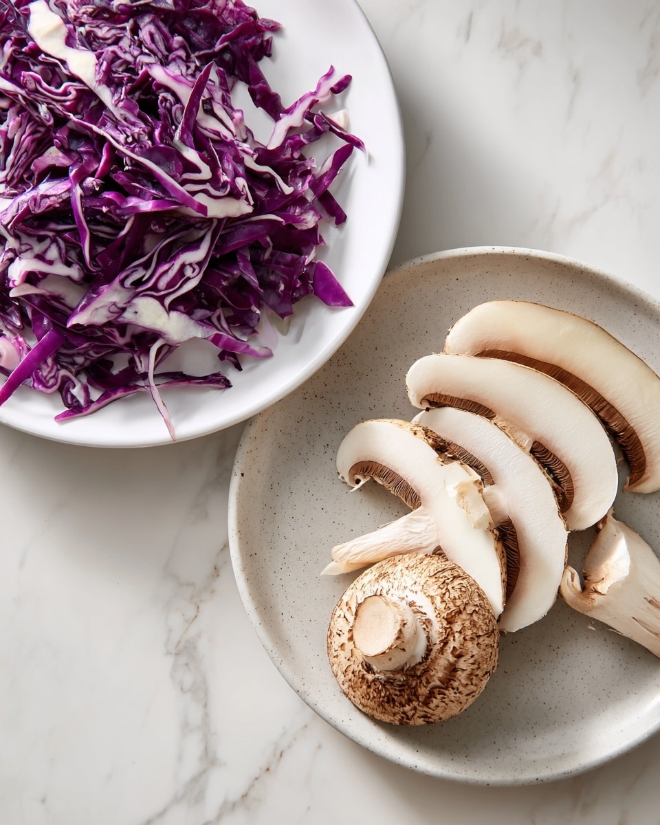 The image shows two white plates on a white marbled surface. The left plate is filled with thin, shredded purple cabbage, showing deep purple and white veins creating a textured and crisp look. The right plate holds several slices of a large mushroom, arranged in a slight curve; the top surface of the mushroom is light brown with a speckled texture, and the sliced flesh is creamy white and smooth. Photo taken with an iphone --ar 4:5 --v 7