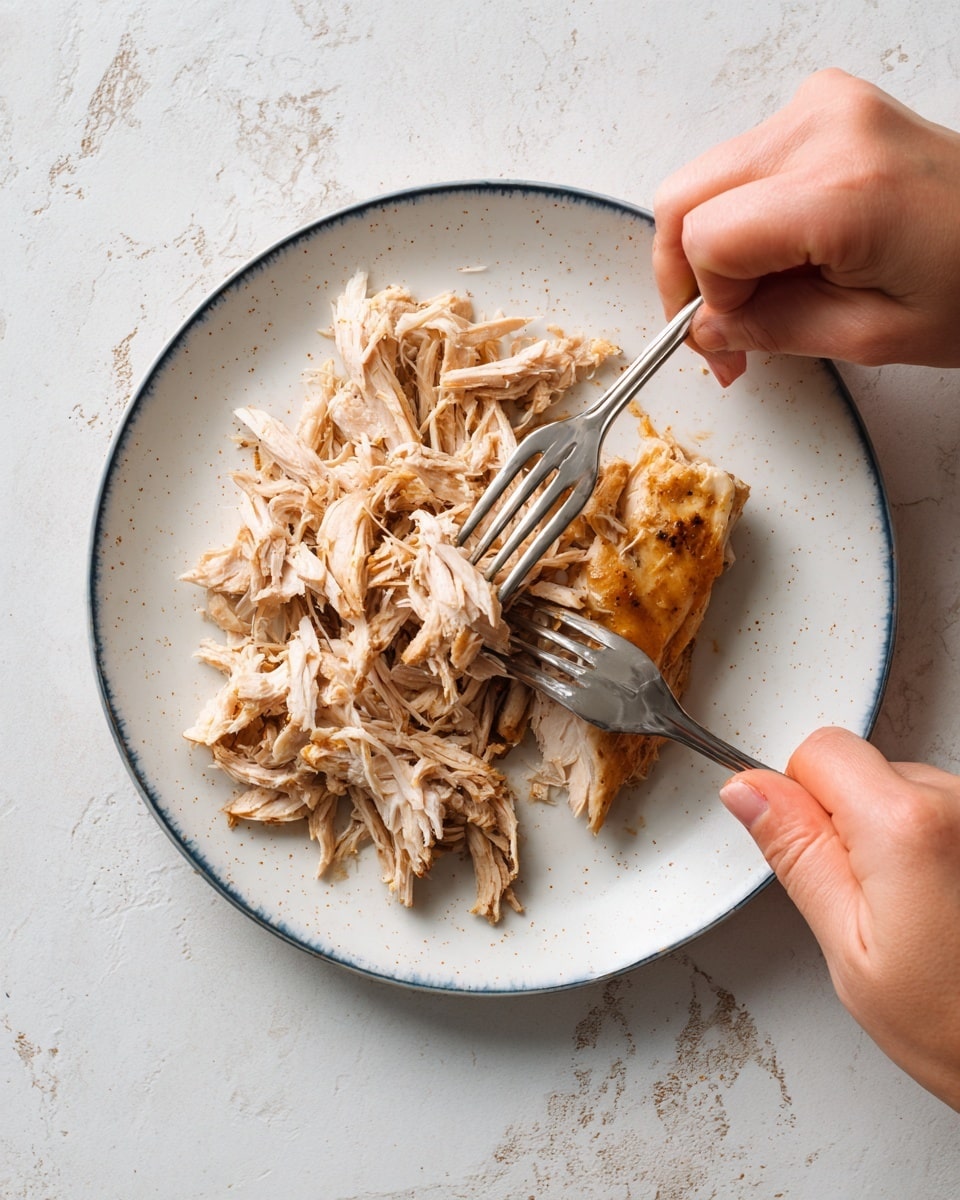 A close-up shows a white square plate with a blue rim on a white marbled surface. The plate holds shredded light brown and beige cooked chicken pieces on the left side. On the right side, there is a cooked chicken piece with golden brown crispy skin. Two silver forks are in use, one held by a woman's hand from the top right corner, pulling the chicken apart while the other fork holds the piece down on the plate. The focus is on the texture of the tender chicken and the motion of shredding. Photo taken with an iphone --ar 4:5 --v 7