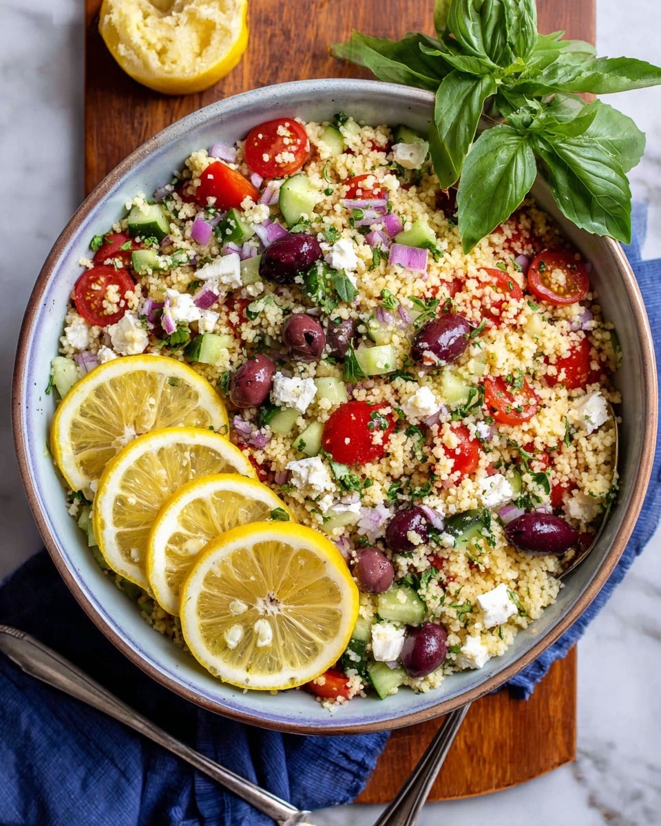 A large bowl filled with a colorful couscous salad showing distinct layers of small, light beige couscous grains mixed with bright red halved cherry tomatoes, dark purple olives, white cubes of feta cheese, and chopped green cucumber pieces. There are small bits of purple onion scattered throughout, adding color contrast, and fresh green herbs sprinkled on top. On one side, three thin lemon slices sit upright, and a fresh green basil bunch decorates the edge of the bowl. The bowl rests on a blue cloth on a wooden board placed over a white marbled surface. A spoon is partially visible inside the bowl on the right side. photo taken with an iphone --ar 4:5 --v 7