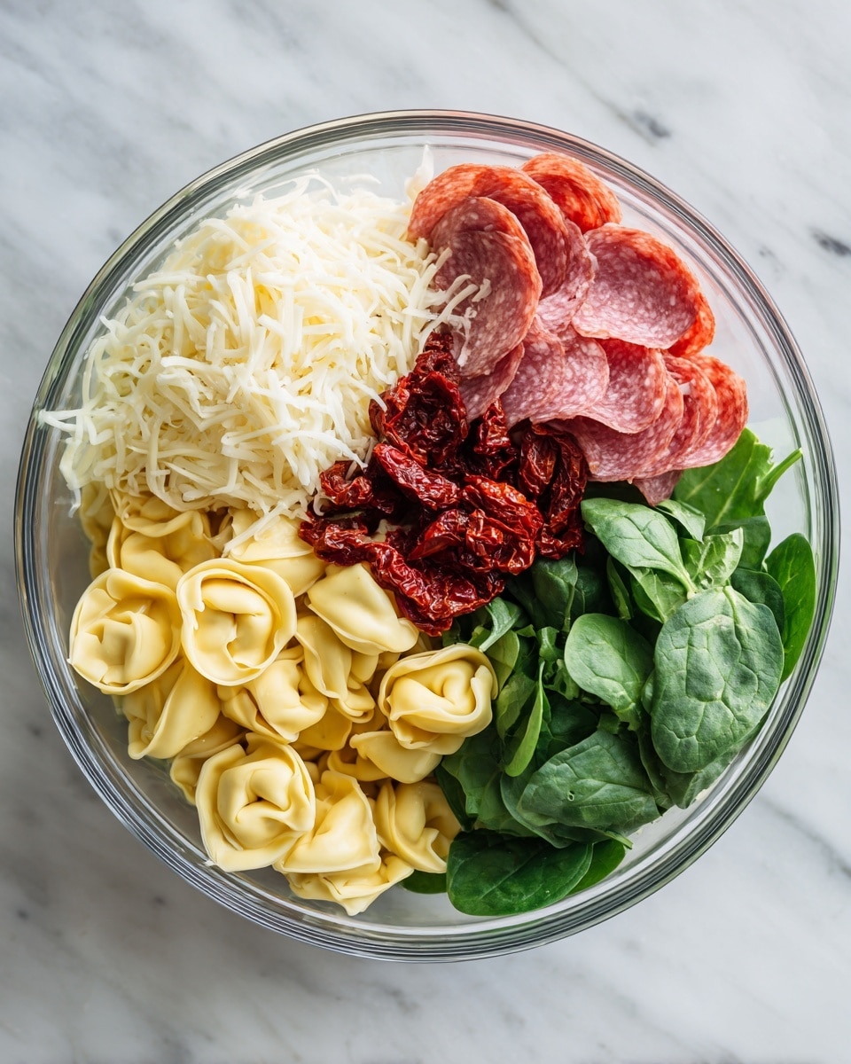 This image shows a clear bowl with five different layers of ingredients arranged separately. The bottom left layer is yellow tortellini pasta, round and folded with a smooth texture. Above it to the left is a white shredded cheese layer, soft and thin. To the right of the cheese is thin, folded slices of pink salami. Centered on top is a dark red sun-dried tomato layer, with a slightly rough and moist texture. On the bottom right are fresh green spinach leaves, with a smooth and leafy look. All ingredients are clearly separated inside the bowl, placed on a white marbled surface. photo taken with an iphone --ar 4:5 --v 7