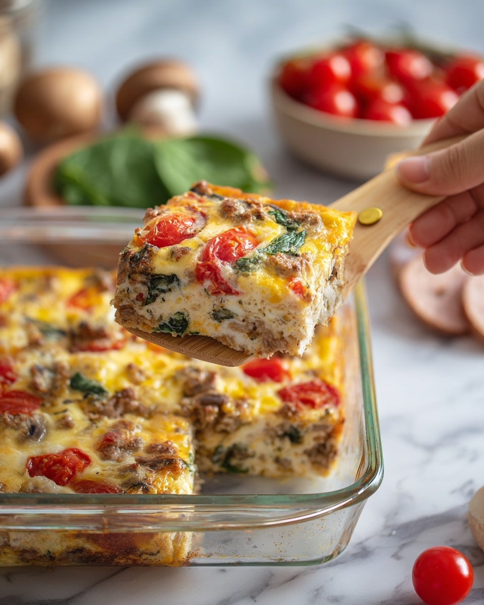 A clear glass rectangular baking dish sits on a white marbled surface, filled with a colorful mix of fresh vegetables and diced meat. The bottom layer is made up of dark green leafy spinach and green asparagus slices, mixed with chopped red onion and green bell pepper. On top of that are halved bright red cherry tomatoes, scattered evenly. Small chunks of pink meat are spread throughout the dish. Above this, a woman's hand is pouring a smooth, thick, yellow egg mixture from a clear measuring cup into the center of the dish, creating a small bright pool of yellow over the vegetables and meat. The background is light with a soft white marbled texture. photo taken with an iphone --ar 4:5 --v 7