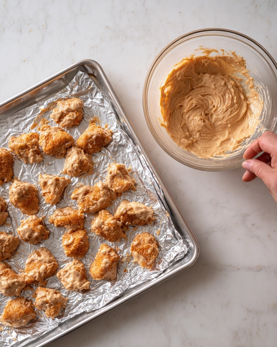 The image shows a silver baking tray lined with foil on a white marbled surface. On the tray, there are 23 pieces of raw chicken coated in a thick, light brown batter, spread out evenly without touching each other. To the right of the tray, there is a clear glass bowl containing more of the same light brown batter, resting on the white marbled surface. The batter looks creamy with some small lumps, and a woman's hand is not visible in this shot. Photo taken with an iphone --ar 4:5 --v 7