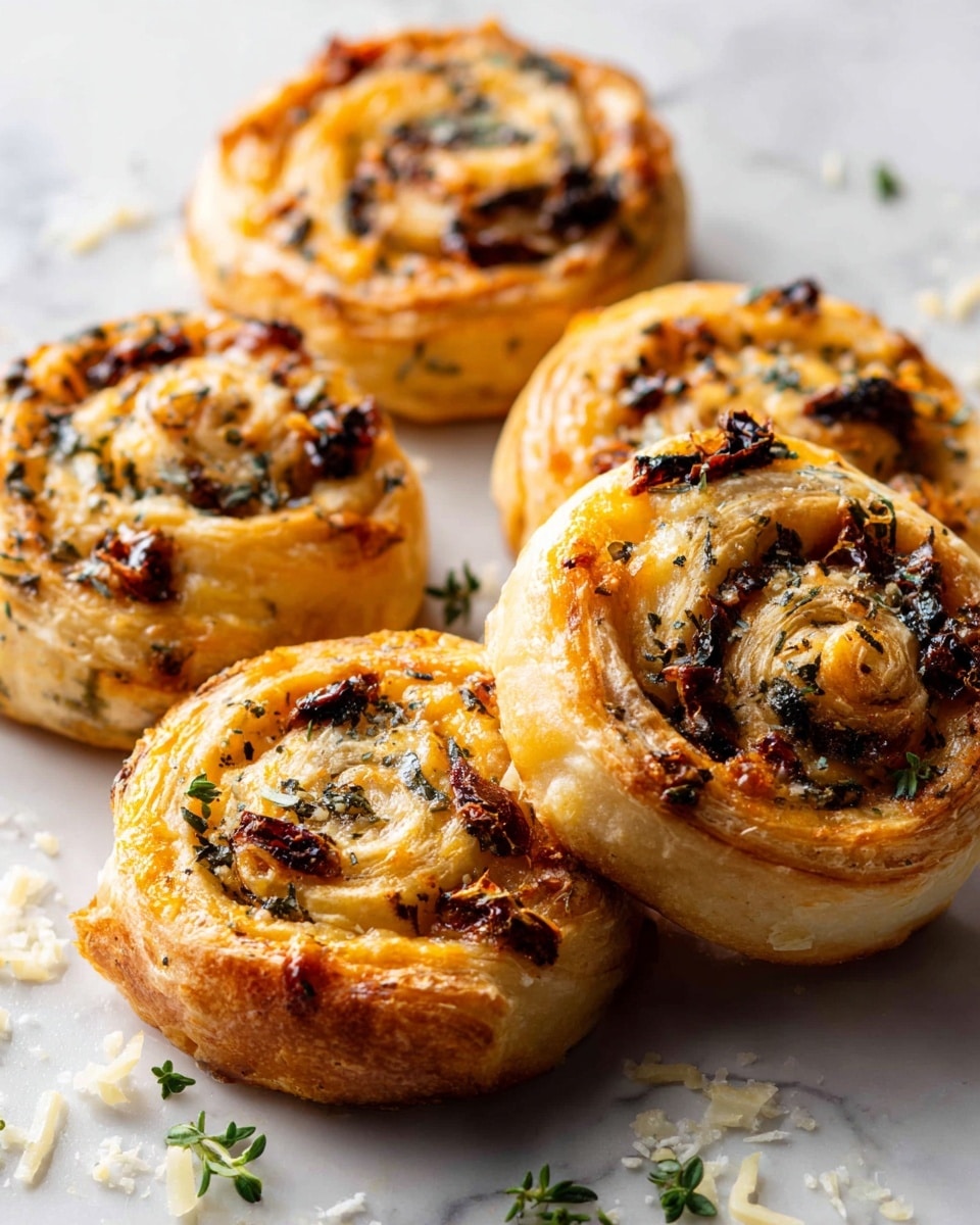 The image shows several round puff pastry swirls on a white marbled surface. Each swirl has layers of light golden-brown flaky dough that is slightly crispy on the edges. Inside the spirals, there are melted orange cheese layers speckled with dark pieces of sun-dried tomatoes and bits of green herbs spread unevenly. The pastries have a soft, airy texture with some browned spots from baking, stacked close together but not touching. A few small shreds of cheese and tiny herbs are scattered around the pastries on the surface. photo taken with an iphone --ar 4:5 --v 7