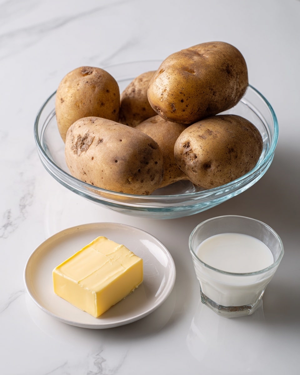 The image shows a clear glass bowl on a white marbled surface filled with five whole brown potatoes with some dirt on their skin. To the left of the bowl, there is a small white plate holding a square piece of yellow butter. In front of the plate, there is a small clear glass cup containing white milk. The scene is simple and bright, highlighting the natural colors and textures of the ingredients. photo taken with an iphone --ar 4:5 --v 7