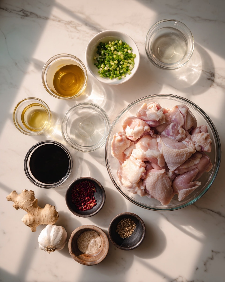 The image shows different cooking ingredients placed neatly on a white marbled surface. On the right side, there is a large glass bowl filled with raw chicken thighs. To the left of the bowl, there are smaller bowls and containers arranged in a grid-like pattern. At the top, there's a small white bowl with chopped green onions, a black bowl with pepper, a glass bowl with a light brown liquid, and another small black bowl filled with dark soy sauce. Below these, there is a glass bowl with a clear liquid and a very small container with olive oil. At the bottom left, a full garlic bulb and a piece of ginger root sit directly on the surface, beside a tiny black bowl holding a mix of salt and pepper and a small brown dish with red seasoning. Soft shadows from sunlight fall across the ingredients, adding natural warmth to the scene. Photo taken with an iphone --ar 4:5 --v 7
